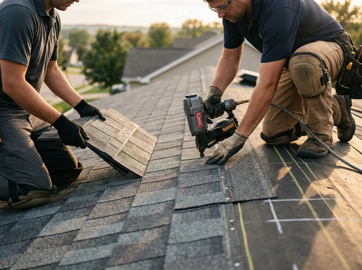 Professional roofer working on a residential roof in Epsom